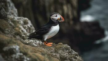 un' bellissimo atlantico puffino arroccato su un' scogliera, guardare a acqua generato di ai foto