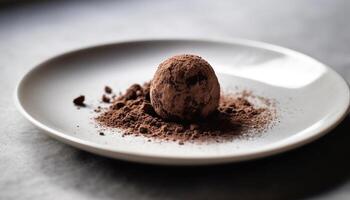 un' buongustaio dolce buio cioccolato tartufo palla con cacao polvere generato di ai foto