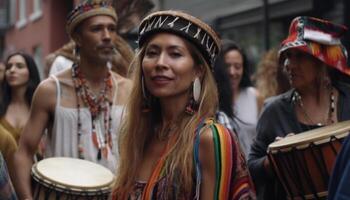 giovane donne ballare, sorridente, e avendo divertimento a un' musica Festival generato di ai foto