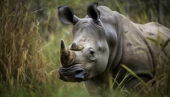 grande mammifero pascolo nel il africano savana, vicino su ritratto di rinoceronte generato di ai foto