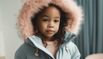 un' carino bambino nel un' inverno giacca sorridente a il telecamera generato di ai foto
