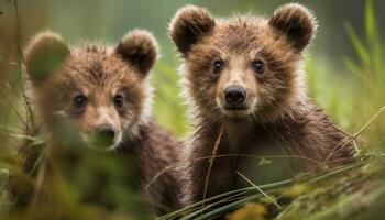 carino cucciolo giocando nel il erba, guardare a il telecamera generato di ai foto