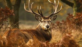 un' maestoso cervo sfiora pacificamente nel il tranquillo autunno prato generato di ai foto