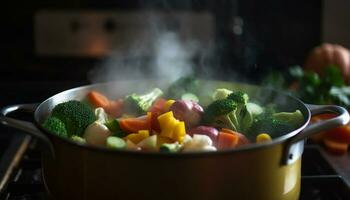 freschezza e Salute nel un' vegetariano pasto cucinato in casa su stufa generato di ai foto