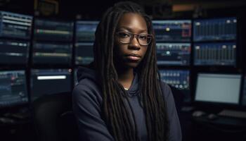 africano americano donna Lavorando al chiuso, utilizzando computer, guardare fiducioso nel ufficio generato di ai foto