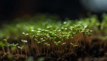 fresco verde pianta crescita nel natura, vicino su di foglia macro generato di ai foto