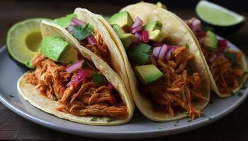 taco carne, guacamole, tortilla, coriandolo, manzo, lime, messicano cibo generato di ai foto