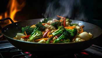 grigliato verdura piatto con fresco, sano, agitare fritte broccoli e carota generato di ai foto