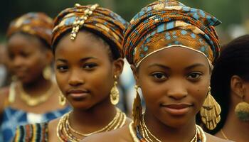 sorridente africano donne nel tradizionale vestiario, guardare a telecamera all'aperto generato di ai foto