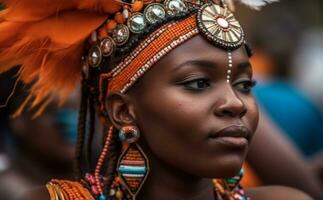 giovane africano donna nel tradizionale capi di abbigliamento sorrisi, in mostra indigeno cultura generato di ai foto