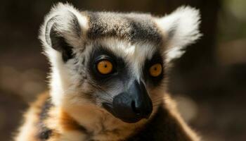 carino lemure primate fissando, vicino su, natura, a strisce, tropicale foresta pluviale generato di ai foto