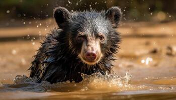 bagnato cane spruzzi acqua, giocoso, carino, in esecuzione, all'aperto, natura generato di ai foto