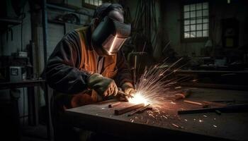 uomini Lavorando nel un' acciaio fabbrica, saldatura metallo con competenza generato di ai foto