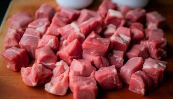 fresco Maiale bistecca su di legno taglio asse, pronto per delizioso barbecue generato di ai foto