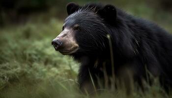 vicino su di un' carino grizzly orso a piedi nel un' verde prato generato di ai foto