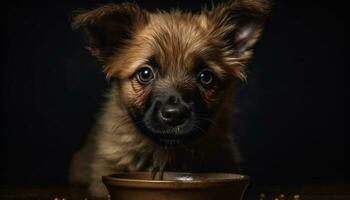 carino cucciolo seduta, guardare a telecamera, nero sfondo, soffice pelliccia generato di ai foto