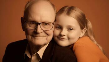 sorridente famiglia abbracciando, guardare a telecamera, amore e felicità insieme generato di ai foto