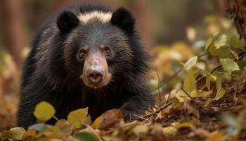 carino cucciolo seduta nel il foresta, guardare a telecamera scherzosamente generato di ai foto