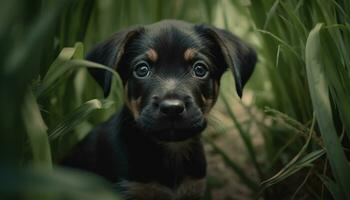 carino cucciolo seduta su verde erba, guardare a telecamera generato di ai foto