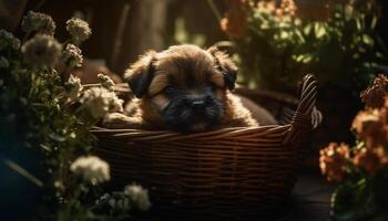 carino cucciolo seduta nel erba, giocando con giocattolo nel autunno generato di ai foto