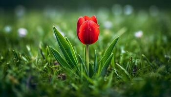 freschezza di estate, vivace tulipano fiorire nel verde prato generato di ai foto