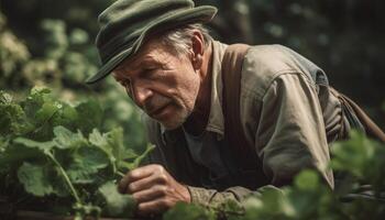 un' maturo contadino nel casuale capi di abbigliamento piantare verdure su un' azienda agricola generato di ai foto