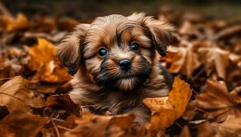 carino cucciolo seduta nel autunno foresta, guardare a telecamera innocentemente generato di ai foto