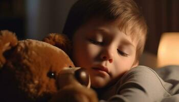 un' carino caucasico ragazzo dorme pacificamente con il suo orsacchiotto orso generato di ai foto
