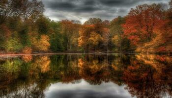 autunno foresta, giallo foglie, tranquillo stagno, vivace colori, rurale bellezza generato di ai foto