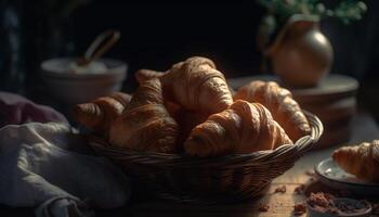 appena al forno brioche su di legno tavolo, un' francese buongustaio diletto generato di ai foto