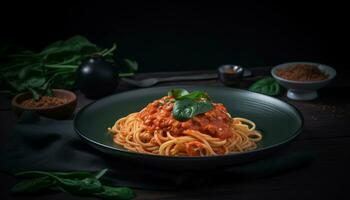 fresco pasta con pomodoro salsa, parmigiano formaggio, e salato erbe aromatiche generato di ai foto