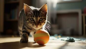 carino gattino giocando con giocattolo sfera, guardare a telecamera curiosamente generato di ai foto