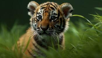 tigre, natura a strisce bellezza, fissando con aggressione nel il selvaggio generato di ai foto