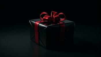 un' brillante regalo scatola avvolto nel nero carta per un' compleanno celebrazione generato di ai foto