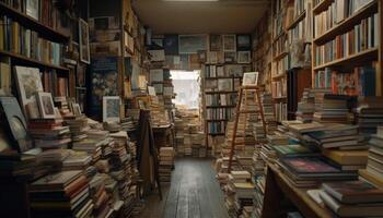 grande collezione di vecchio libri su un' di legno scaffale nel un' biblioteca generato di ai foto