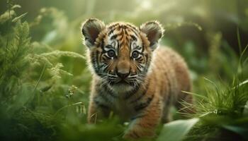 tigre a piedi nel il foresta, fissando con tranquillo verde occhi generato di ai foto