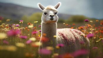 carino alpaca pascolo su verde prato, circondato di tranquillo natura generato di ai foto