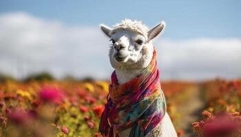 carino alpaca nel rurale scena, guardare a telecamera, circondato di erba generato di ai foto