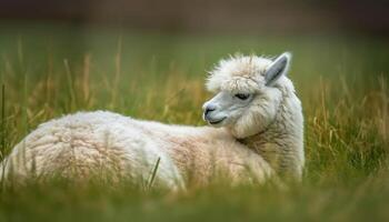 carino alpaca pascolo nel verde prato, soffice vello cappotto generato di ai foto