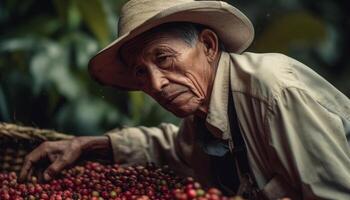 anziano adulto contadino raccolta maturo frutta nel un biologico azienda agricola generato di ai foto