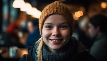 sorridente inverno adulti, giovane donne e uomini, all'aperto, guardare a telecamera generato di ai foto