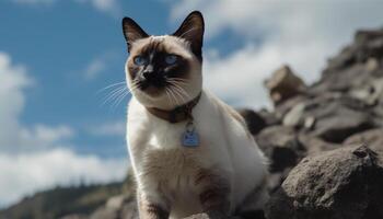 carino gattino seduta nel erba, fissando a telecamera con curiosità generato di ai foto