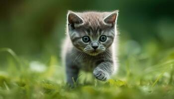 carino gattino giocando nel erba, fissando con curioso blu occhi generato di ai foto