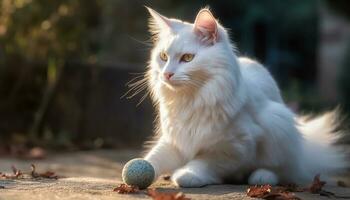 carino gattino seduta su erba, guardare a telecamera con blu occhi generato di ai foto
