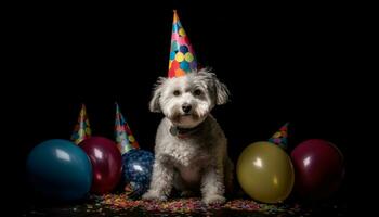 carino cucciolo celebra compleanno con palloncini, festa cappello, e i regali generato di ai foto
