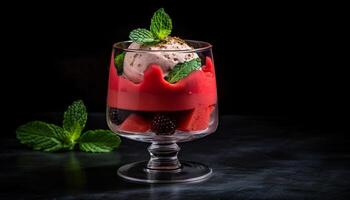 menta foglia contorno su buongustaio dolce, fresco frutta cocktail rinfresco generato di ai foto