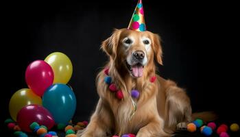 un' carino cucciolo celebra suo compleanno con un' colorato festa generato di ai foto