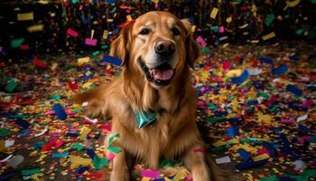 un' carino giallo cucciolo seduta, guardare gioioso a un' compleanno festa generato di ai foto