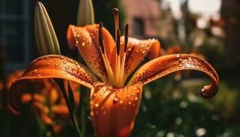 un' vivace viola gerbera margherita riflette luce del sole nel un' prato generato di ai foto