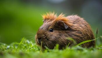 carino Guinea maiale mangiare erba nel il verde prato generato di ai foto